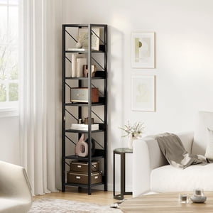 Ourlova Bibliothèque - Bibliothèque étroite Étagère de rangement Tall Skinny - 6 Tier sur pied Plaquettes Cadre en métal Racks d'affichage rustique Livre industriel Étagère pour chambre/Salle de vie/Accueil/Bureau - noir