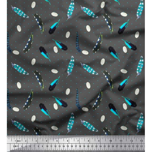 Soimoi Gray Silk Fabric Dot & Feather Decor Fabric Printed Yard 42 Inch Wide