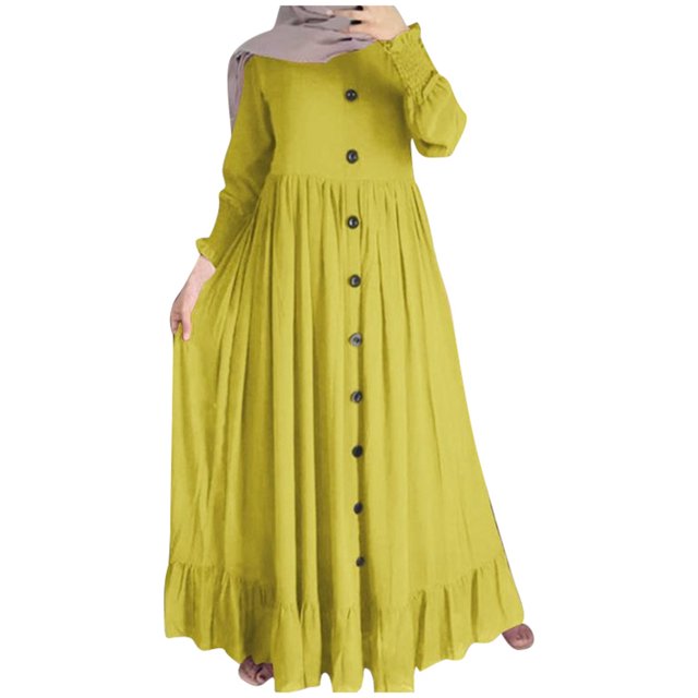 Kcodviy Nouvelles Robes Saisonnières Musulmanes en Lin pour Femmes Longueur Midi Rétro Décontractée Robe Maxi Vêtements d'Été de Bureau pour Femmes Ample Col Rond Ourlet à Volants Robe pour Tailles Plus