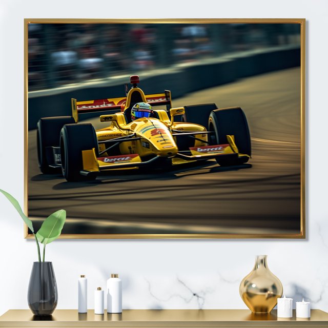 Designart Racing Oversized framed wall art decor, Racing framed wall Art, Rush of Formula Car at Speedway I , Yellow Modern Gold framed wall art, 20x12 inches Gold Frame