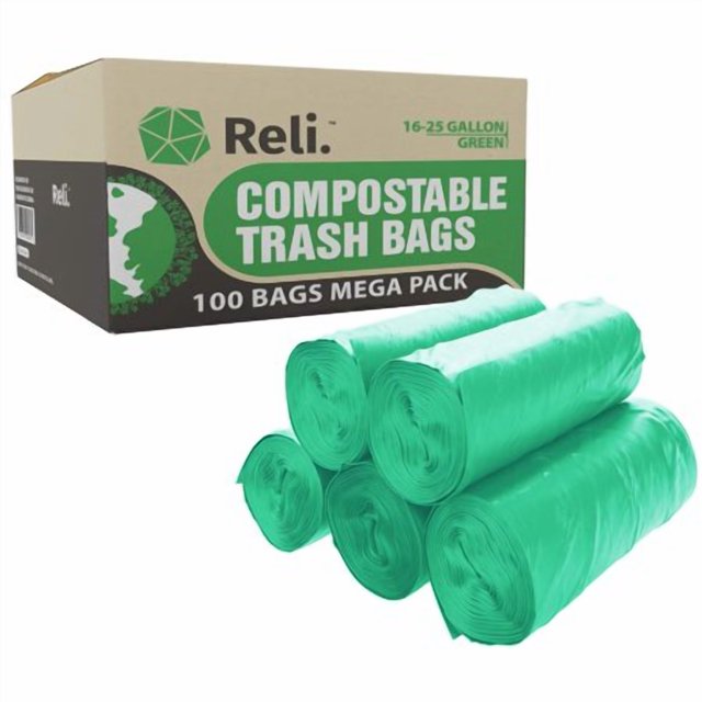 Reli. Compostable 16-25 Gallon Trash Bags | 100 Count Bulk | Astm D6400 | Green | Eco-Friendly | For Compost