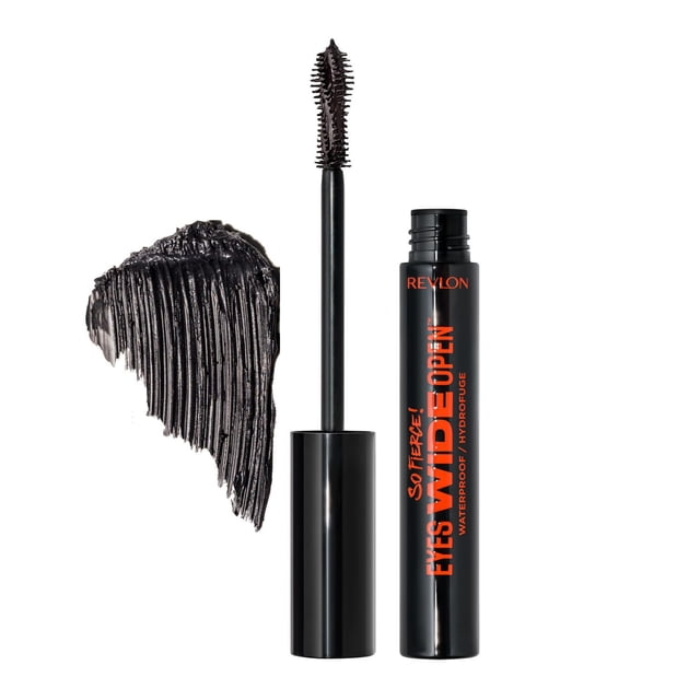 Revlon So Fierce! Eyes Wide Open, Extreme Volume Longwear Mascara in black with open tube showing curved Push Up Brush and mascara swatch, featuring LiftLash formula with conditioning Cannabis Sativa Seed Oil for waterproof, flake-resistant lifted lashes up to 24 hours.