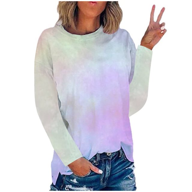 RKSTN Chemises à Manches Longues pour Femmes Mode Chandail à Col Rond Imprimé Teinture sur Nœuds Décontracté Sortie Blouses Amples Hauts