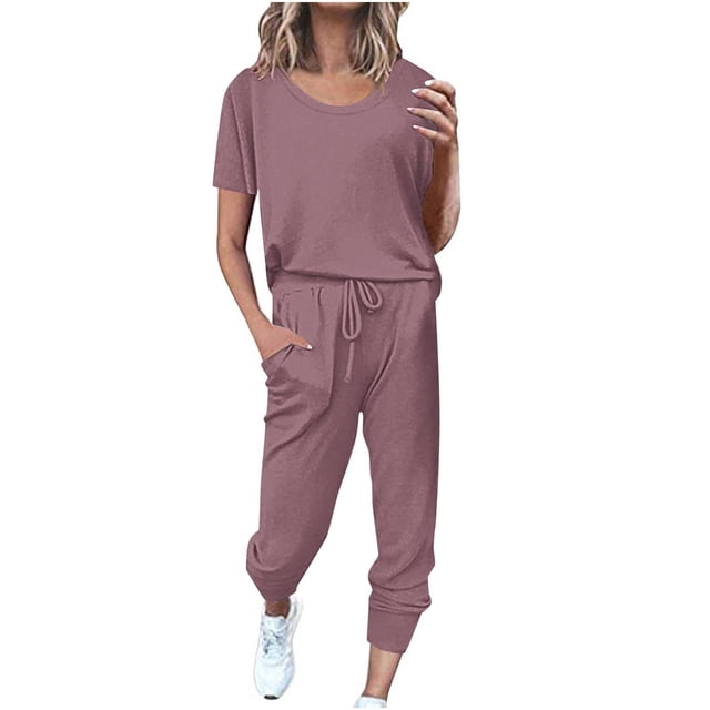 Yuyuzo Ensembles d'Entraînement pour Femmes 2 Pcs T-Shirts à Manches Courtes à Col Ras du Cou Pantalons Jogger à Cordon avec Poches