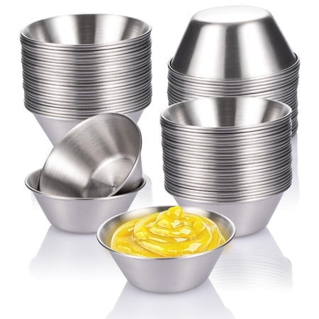 Witheeyou 50 Pack Stainless Steel Sauce Cups, 1.7 oz/50ml Reusable Dipping Sauce Cups, Commercial Grade Round Metal Ramekins, Stackable Individual Condiment Container for
