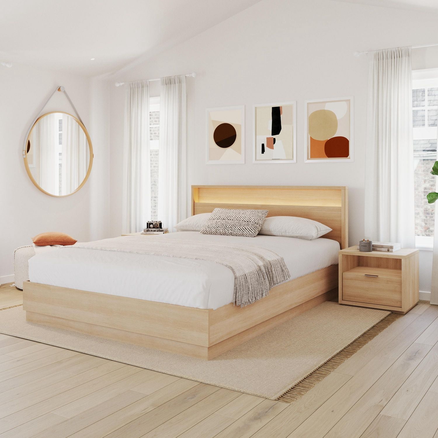 Ensemble de chambre à coucher Harlow 4 pièces avec lit queen size, sommier à lattes, tête de lit avec éclairage intégré et 2 tables de chevet.