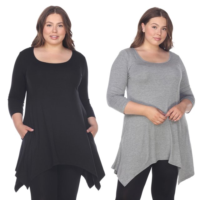 White Mark Haut Tunique Makayla pour Femmes, Lot de 2, Noir, Encolure Dégagée, Manches 3/4