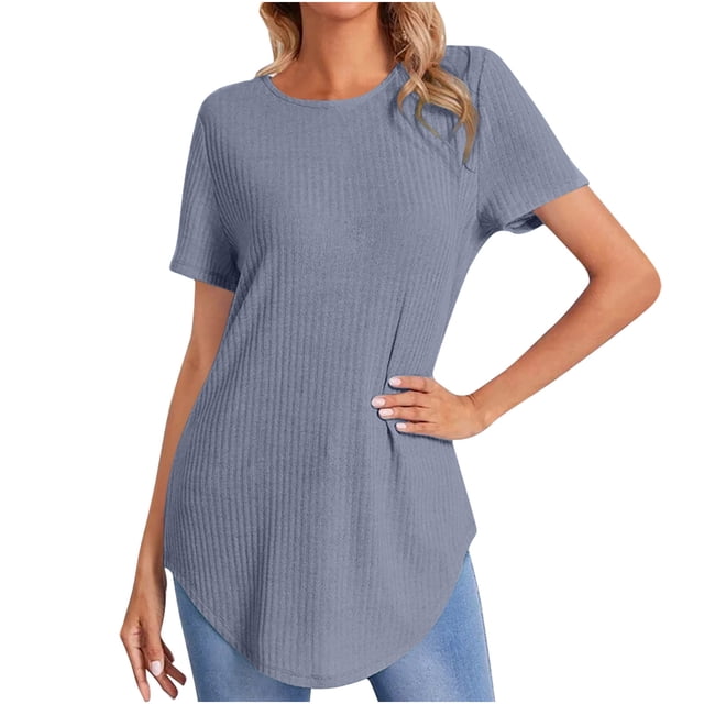 cfhntfmh Women's Ribbed Tops Short Sleeve Casual Basic Summer Tees Solid Crew Neck Curvy Hem T Shirt
