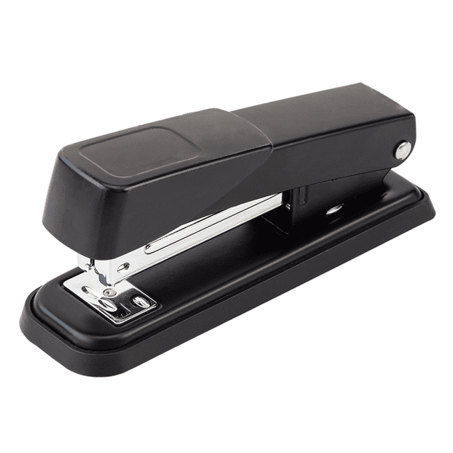 Desk Stapler, Heavy Duty Stapler for Office Desktop by TAIWO, featuring a durable chrome-plated metal construction with a black finish. Designed for back loading with an adjustable anvil for fixing, it staples up to 50 sheets. Made in Sweden.