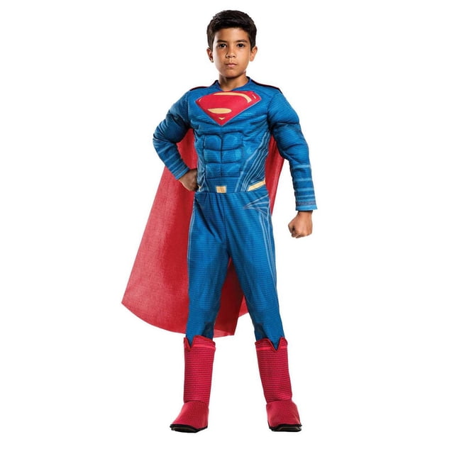 Justice League Superman Deluxe Boy's Costume featuring a blue muscle chest jumpsuit with attached red boot tops and a removable red cape, suitable for Halloween and superhero role play.