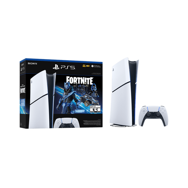 PlayStation®5 Digital Edition – Fortnite® Cobalt Star Bundle featuring the slim PS5 console, DualSense® wireless controller, and Fortnite-themed packaging. Includes 1TB SSD storage, ultra-high-speed performance, and 8 exclusive Fortnite cosmetics with 1,000 V-Bucks. Ideal for digital gaming enthusiasts, the console is displayed upright next to the controller, with the bundle box showcasing Fortnite Cobalt Star graphics.