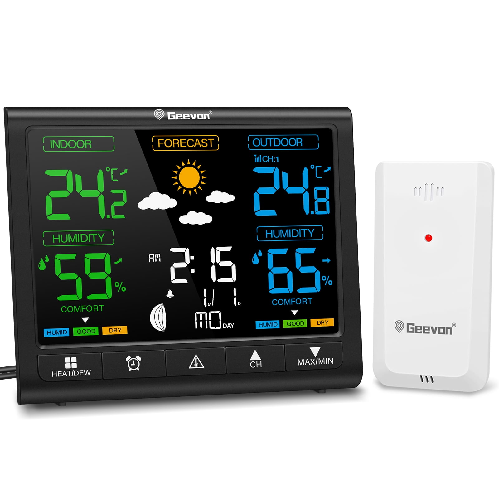 Geevon Weather Station Wireless Indoor Outdoor Thermometer, Digital Color Display Temperature Humidity Monitor Weather Thermometer with Heat Dew Index, Comfort Indicator, Adjustable Backlight