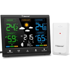 Geevon Weather Station Wireless Indoor Outdoor Thermometer, Digital Color Display Temperature Humidity Monitor Weather Thermometer with Heat Dew Index, Comfort Indicator, Adjustable Backlight