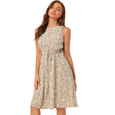 INSPIRE CHIC Robe Midi Sans Manches à Encolure Goutte d'Eau pour Femme, Taille à Cordon, Ligne A, Imprimé à Petites Lettres, Blanc m