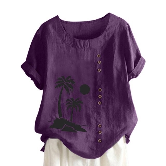 Chemise à Manches Longues pour Femmes Été Décontracté Col Rond Manches Courtes Imprimé Chemise Ample Hauts d'Été pour Femmes Coupe Ample Hauts à Manches Courtes pour Femmes