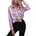 thumbnail image 1 of Sexy Dance Chemises pour Femmes Blouse à Revers Tunique Boutonnée Hauts Chemise en Satin Manches Longues Violet 2TG, 1 of 5