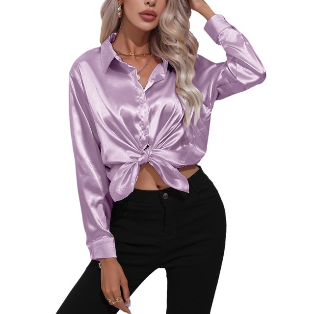 Sexy Dance Chemises pour Femmes Blouse à Revers Tunique Boutonnée Hauts Chemise en Satin Manches Longues Violet 2TG