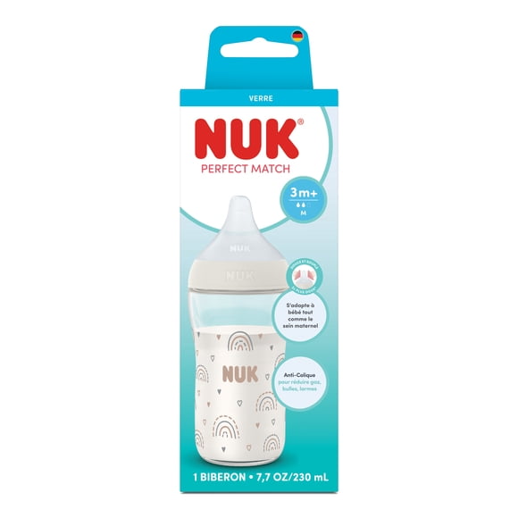 Biberon en verre pour bébé NUK Perfect Match, 3+ mois, 230 ml, biberon anti-coliques, indicateur de contrôle de la température, arc-en-ciel, 1 pièce