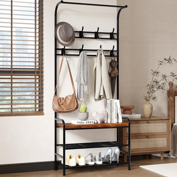 EDTara Hall Tree Shoe Bench, 4-in-1 Industrial Entryway Storage Bench with 8 Sturdy Hooks, Freestanding Coat Rack for Small Spaces, Apartments, Retro Brown
