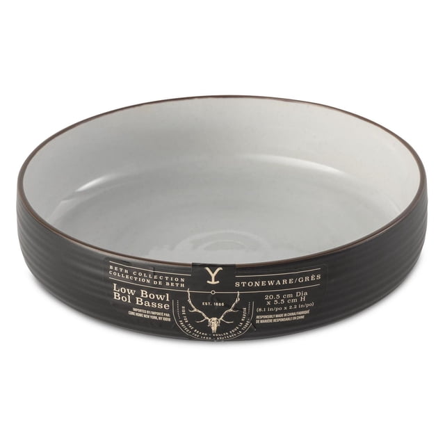 Yellowstone Stoneware Low Bowl from the Beth Collection, a 20.5 cm diameter stoneware serving bowl with a shallow design, natural earthy finish, and dark brown ridged exterior, suitable for soups, salads, or pasta in everyday dining.