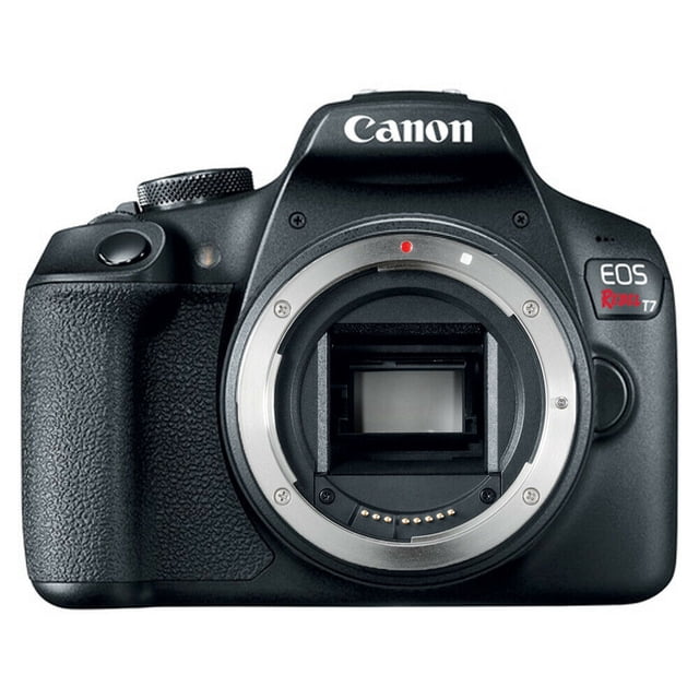 Canon EOS Rebel T7 Appareil Photo Reflex Numérique Boîtier Seulement (Boîte Kit) Présenté en Vue Frontale Sans Objectif Intégré. Comprend un Capteur CMOS de 24,1 Mégapixels, une Grand Plage ISO de 100-6400 (H : 12800), une Technologie Wi-Fi et NFC Intégrée, et un Écran LCD de 3,0 Pouces avec 920 000 Points. Comprend le mode Auto Intelligent de Scène, des Filtres Créatifs et Plusieurs options de Style d'Image. Le Viseur Optique Offre une Couverture de Vision d'Environ 95