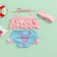 thumbnail image 4 of Toddler Girls 3Pcs Bikini Set  Solid Color Ruffle Halter Tops + Mermaid Bottom + Headband Set, 4 of 7