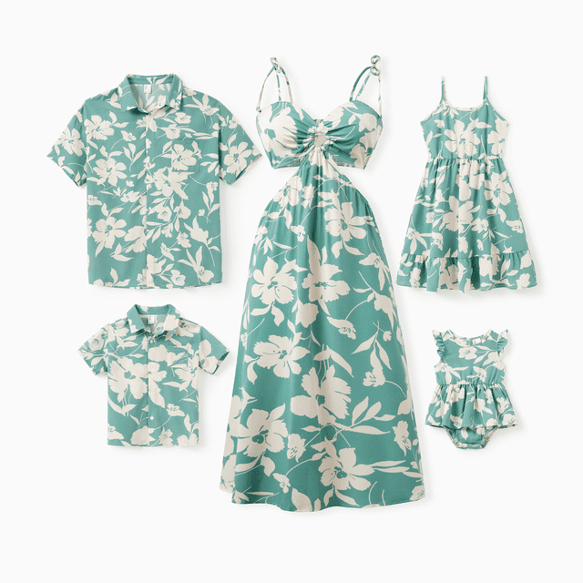 PatPat Ensemble Assorti pour la Famille, Chemise Verte à Manches Courtes à Imprimé de Feuilles Ou Robe à Bretelles Froncée