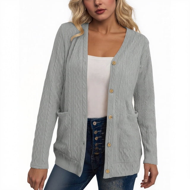 HAiming Womens Knit Cardigan Long Sleeve Button down V Neck Solid Color Lightweight Sweaters with Pockets