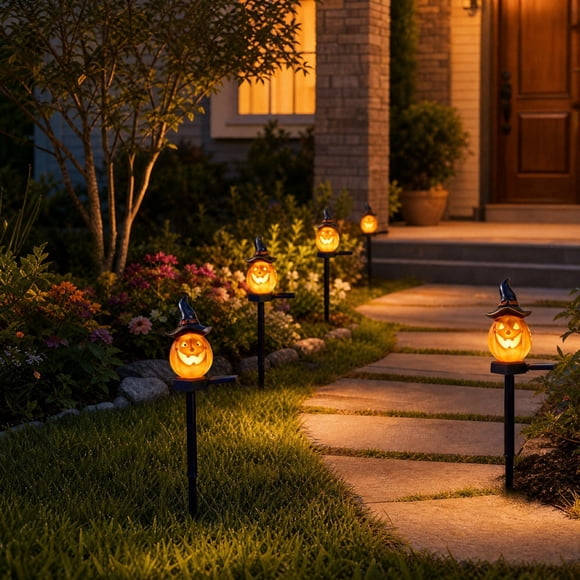 Fufafayo Halloween Pumpkin Solar Ground Stake, Glowing Jack-O-Lantern Yard Stakes, Auto-On Outdoor Garden Decoration Lights for Pathway Driveway Lawn Party or Cemetery Decor