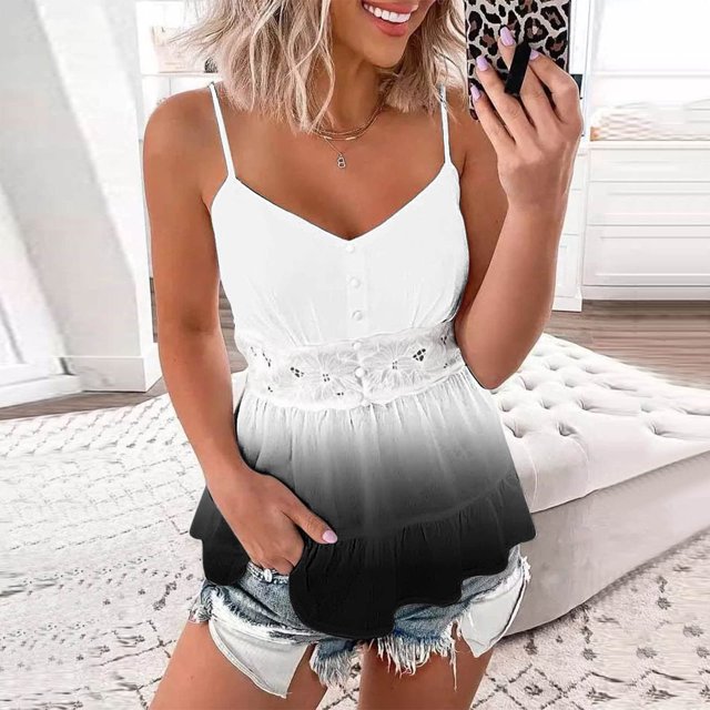 LSLJS Womens Sexy V Neck Spaghetti Strap Tank Tops Gradient Print Tank Tops
