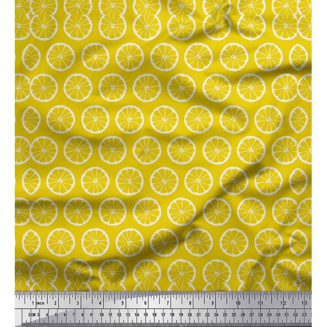 Soimoi Yellow Heavy Satin Fabric Lemon Slice Block Decor Fabric Printed Yard 54 Inch Wide