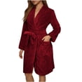 thumbnail image 1 of Womens Plush Fleece Robe Knee Length Cozy Fuzzy Bathrobe with Belt Shawl Collar Warm Soft Towel Robes Wine, S, 1 of 5