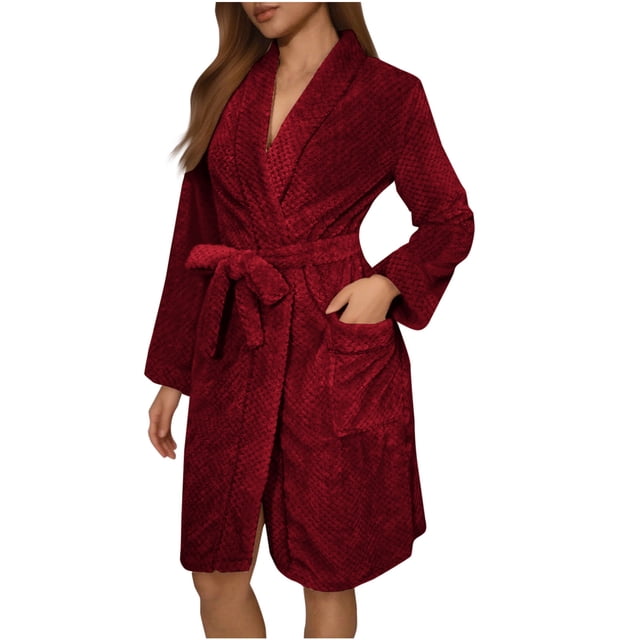Womens Plush Fleece Robe Knee Length Cozy Fuzzy Bathrobe with Belt Shawl Collar Warm Soft Towel Robes Wine, S