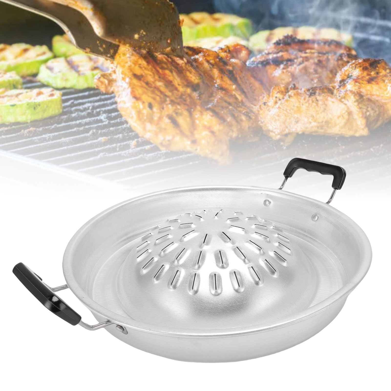 BBQ Grill Pan, Thai Style Aluminum Cooking Pan Even Heating Hot Pot with Handle Multifunction Grill Topper Camping BBQ Pan for Indoor Outdoor BBQs Cooking