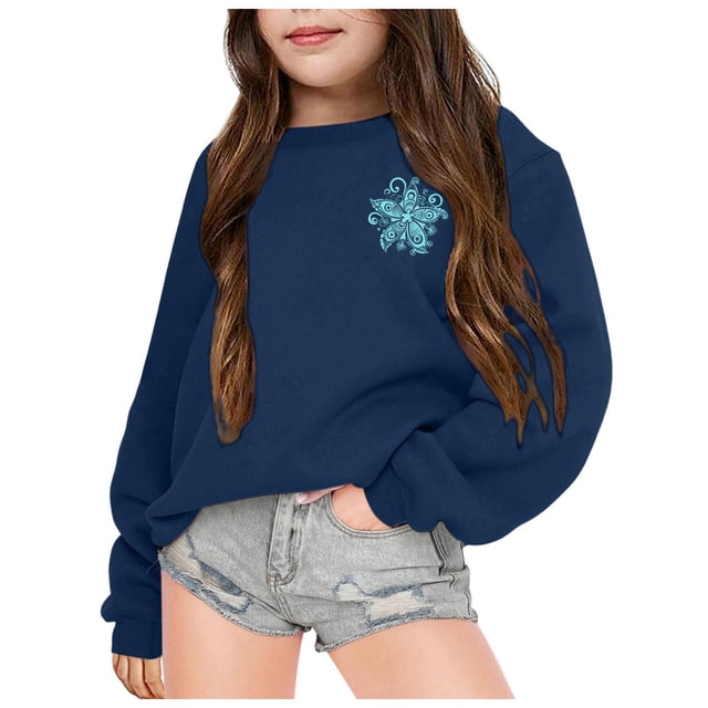 MEZZALL Sweat à Capuche à Manches Longues Imprimé Fleuri Mode Décontractée pour Filles, Bleu Foncé, 8-9 Ans