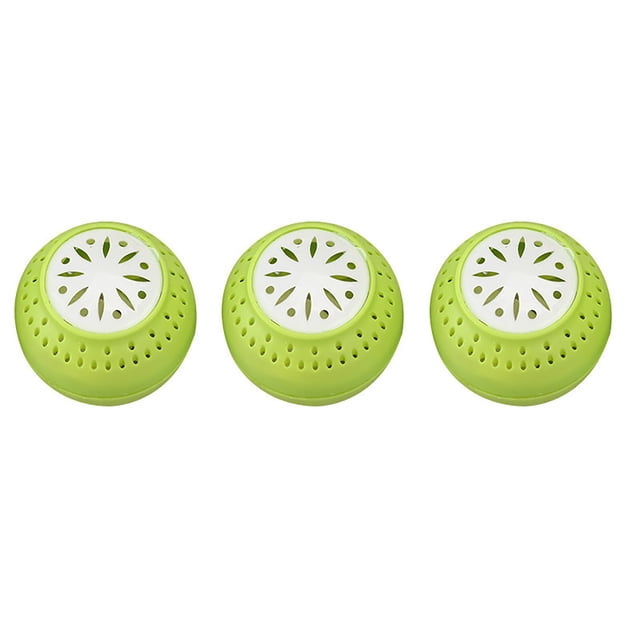 Refrigerator Ball, a set of three green and white deodorizing balls for refrigerators, designed to absorb moisture, preserve food freshness, and reduce odors. Compact, eco-friendly, and durable, ideal as a refrigerator accessory for food preservation.