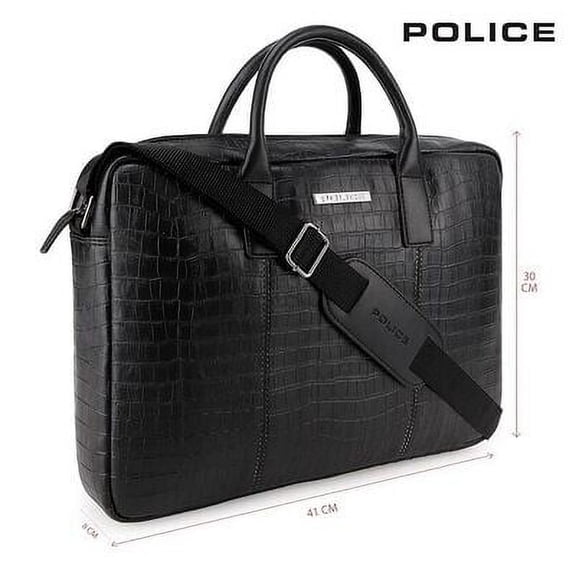 POLICE 100% Genuine Leather Black Croco Classy 14 Inch Stylish Briefcase Messenger Bag.