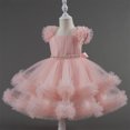 thumbnail image 2 of Birthday Party Dress for Girls, Short Sleeve Round Neck Ruffled Lace Embroidery Mesh Princess Bow Skirt in Light Blue, Size 90, 2 of 8