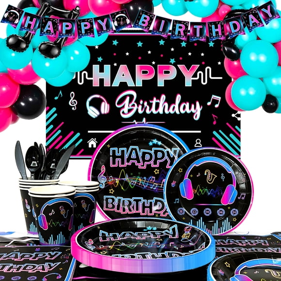 Fournitures de Fête Tik Tok, 155 Pcs Décorations et Vaisselle de Fête Tiktok - Tasses Assiettes en Papier Serviettes Nappe Ballons Toile de Fond Etc Fournitures de Fête