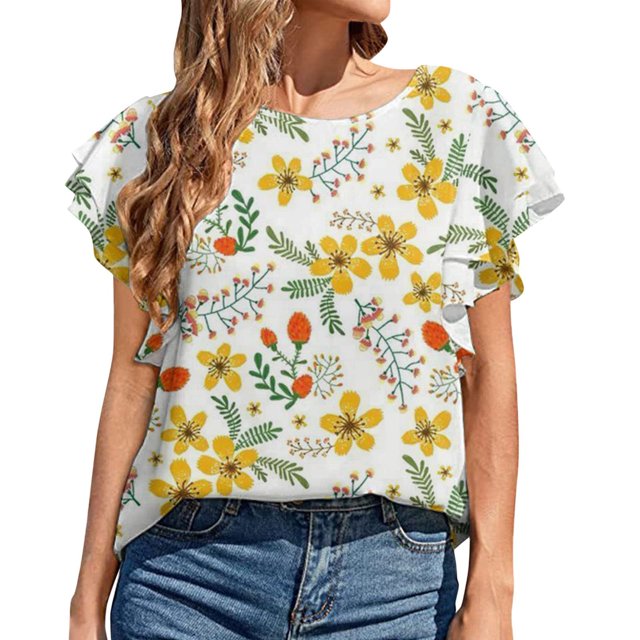 Hauts d'Été Grande Taille pour Femmes Mode Décontractée Col Rond à Volants Manches Courtes Imprimé Pull Blouse Col en V T-Shirt Femmes en Solde