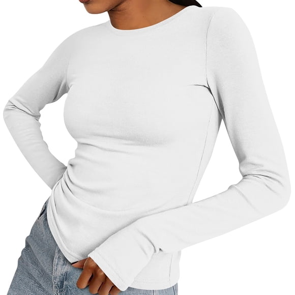 XDZJLR Long Sleeve Shirts Women Casual Crewneck Solid Color Top T Shirt Gloves Finger Base Shirt White M