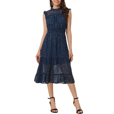 INSPIRE CHIC Women's Halloween Chiffon Dress Sleeveless Smocked Waist Gilding Metallic Star Party Dress Dark Blue XL