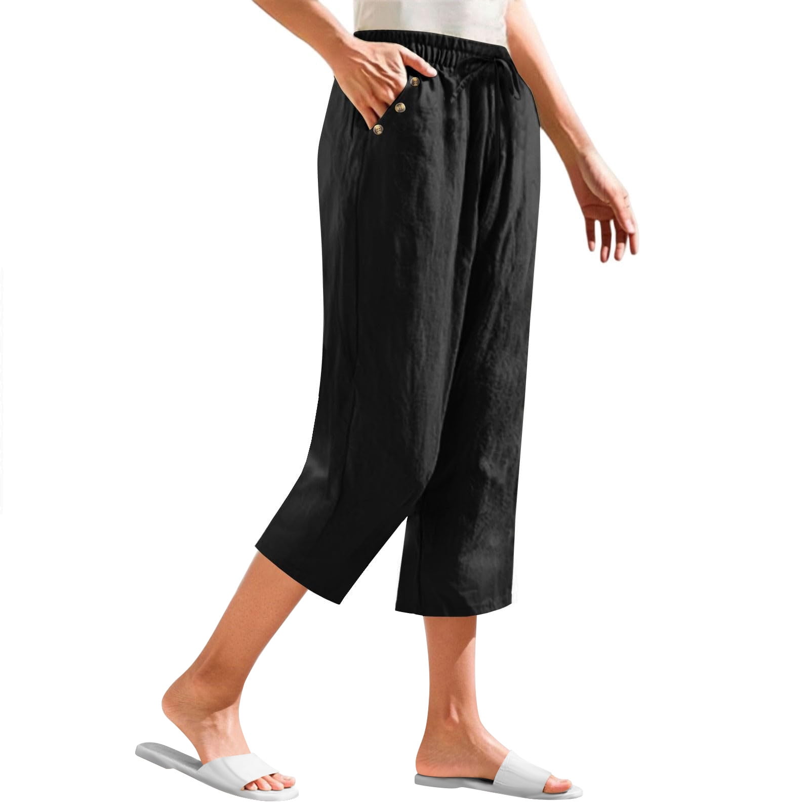 BLVB Cotton Linen Capri Pants for Women Summer Casual Loose Cropped ...