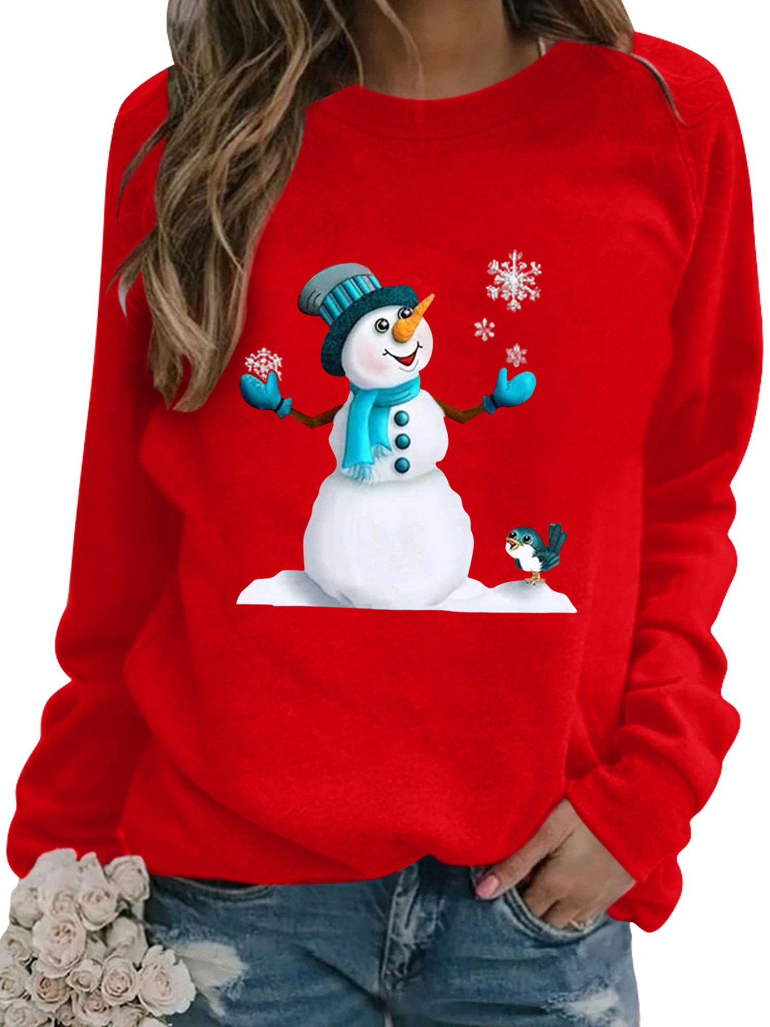 Bellella Sweat-Shirt de Noël pour Femmes Col Rond Pull à Manches Longues T-shirt Décontracté Imprimé Père Noël Hauts Femmes Rouge TG