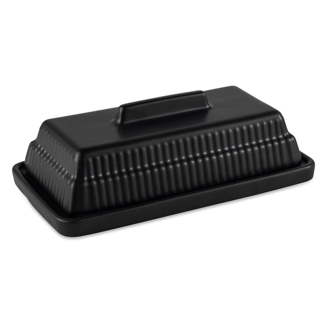 Thyme & Table, Ceramic Ribbed Butter Dish, Black, rectangular ceramic butter dish with a ribbed lid and flat base tray in matte black, designed for storing and serving butter, ideal for kitchen and dining use, also suitable for holding small kitchen items.