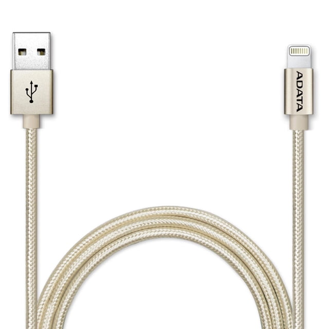 Sync & Charge Lightning cable GOLD by ADATA, 100 cm braided USB to Lightning cable with Apple MFi-certified connector for fast charging and data sync, gold color with durable multi-layered construction and included color-matched cable tie for neat storage.