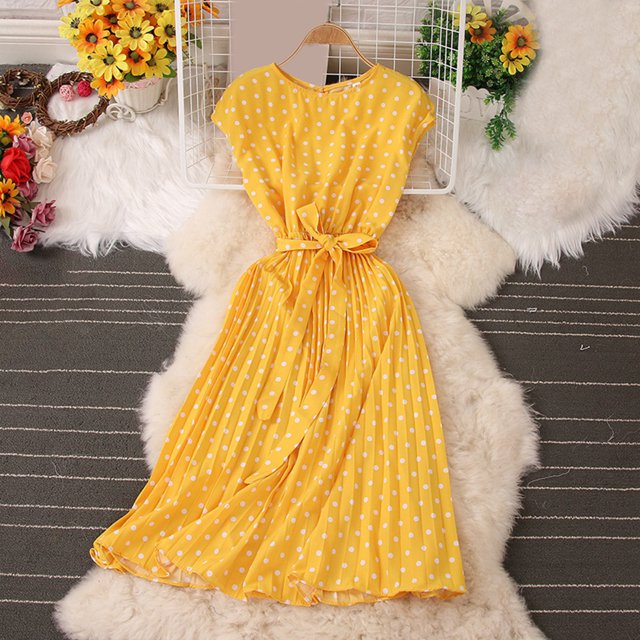 Robe d'Été pour Femmes 2024 Mode Grande Taille Jupe Mi-Longue Robe à Manches Courtes avec Pois Robe Plissée Rabais de 50 % Liquidation!