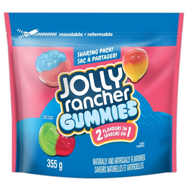 JOLLY RANCHER 2-in-1 Gummies Original 355 g, Paquet Refermable à Partager avec des Bonbons Gélifiés Moelleux Multicolores aux Formes Amusantes, Comprenant Trois Combinaisons de Saveurs : Framboise Bleue + Melon d'Eau, Fraise + Citron et Pomme Verte + Cerise, Idéal pour les Collations et le Partage au Quotidien.
