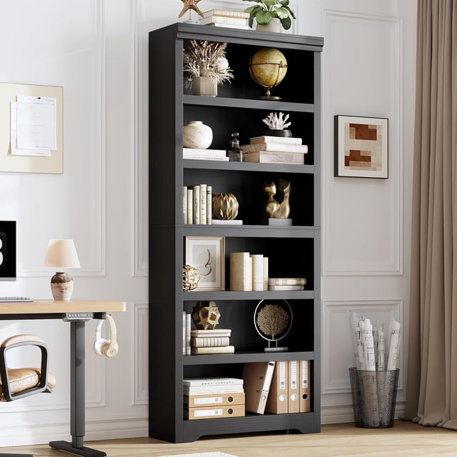 Tall Farmhouse Bookshelf - 6 Tier Black Embossed Bookcase with Adjustable Shelves, Anti-Tip Floor Standing Storage for Home Office, Living Room, Study, Library, Balcony, 6 Layers, W800