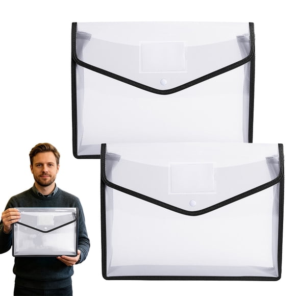 2PCS Documents Holder Envelope Folder, File Storage Bag with Button Transparent Plastic, Certificate File Holder Document Folder, White